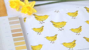 Seed Home Designs Yellow Bird cotton drill fabric with daffodils