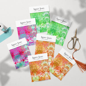 Psychedelic Pop Eco velvet by Liberty James Studio in orange, sample swatch set showing a psychedelic mirrored design