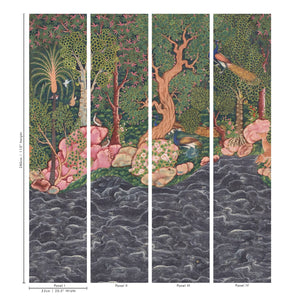 Mira wallpaper by Deus ex Gardenia in charcoal and pink, blossoms and hidden big cats in a styled room setting