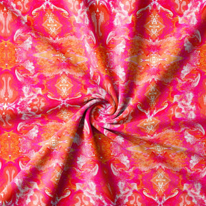 Naples velvet by Liberty James Studio in pink, draped, showing an ornate kaleidoscope design