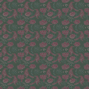 Chattering of Choughs wallpaper by Annika Reed in teal and pink, full repeat of choughs among leaves