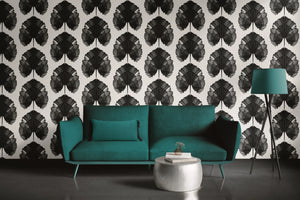 Empress Fan wallpaper by Liberty James Studio in black, art deco fan leaves on a living room wall