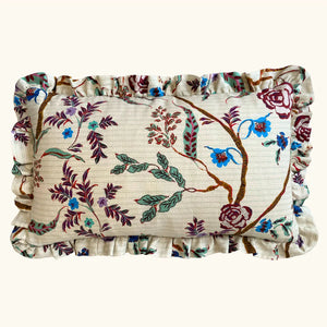 Eversley linen by Parker and Jules in cream and teal, trailing roses made into a cushion