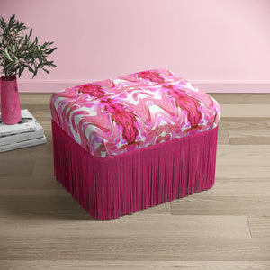 Bel Air Blossom Eco velvet by Liberty James Studio in pink, a mirrored blossom design covering a footstool