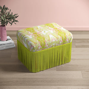 Bel Air Blossom Eco velvet by Liberty James Studio in yellow-green, a mirrored blossom design on an upholstered ottoman