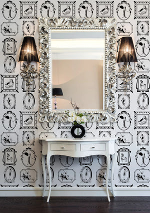 1920s Glamour wallpaper by Dupenny in black and white, 1920s glamour vignettes in a bathroom