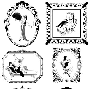 1920s Glamour wallpaper by Dupenny in black and white, full repeat of 1920s glamour vignettes