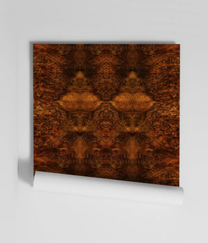 Beau Burr wallpaper by Liberty James Studio in brown and orange, roll showing a burr wood grain design