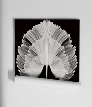 Empress Fan wallpaper by Liberty James Studio in white, partly unrolled roll showing art deco fan leaves