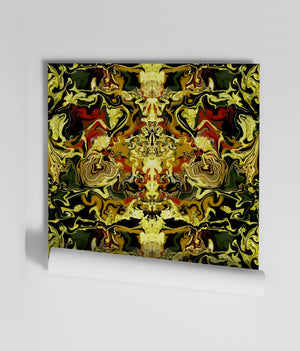 Gilded Wine wallpaper by Liberty James Studio in gold, green and red, roll showing an ornate mirrored design