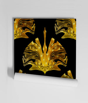 Leopard Crane wallpaper by Liberty James Studio in gold, roll showing mirrored cranes and leopards