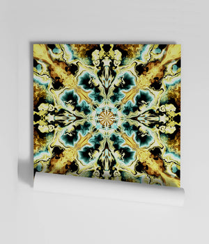Molten Mosaic wallpaper by Liberty James Studio in yellow, green and blue, roll showing a kaleidoscope mosaic