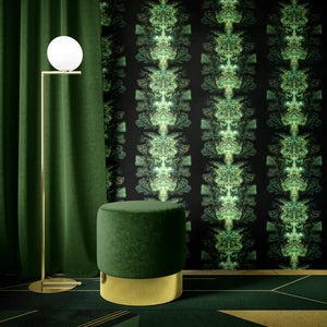 Emerald Elixir wallpaper by Liberty James Studio in black and green, mirrored art deco motifs in a living room