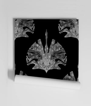 Leopard Crane wallpaper by Liberty James Studio in silver, partly unrolled roll showing mirrored cranes and leopards
