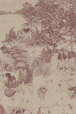 Dog Tales wallpaper by Victoria Sanders in burgundy, flat sample of a toile of dogs in the countryside (alternate view)