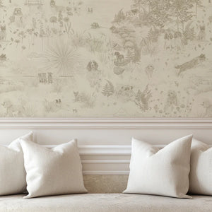 Dog Tales wallpaper by Victoria Sanders in cream, a toile of dogs in the countryside in a living room