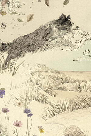 Dog Tales wallpaper by Victoria Sanders in green, close-up of a toile of dogs in the countryside (alternate view)
