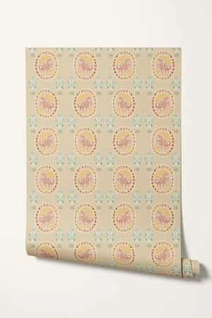 Flying Horse of the Silk Road wallpaper by Annika Reed in pink, roll showing flying horses in medallions