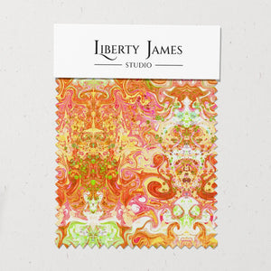 Psychedelic Pop Eco velvet by Liberty James Studio in orange, swatch set showing a psychedelic mirrored design