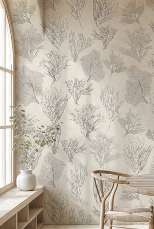 Kelp Forest wallpaper by XV Interiors in cream, kelp and seaweed in a styled room setting