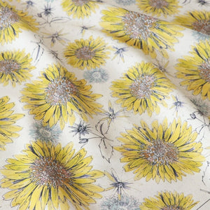 Organic Sunflower and Flora fabric by Seed Home Designs in yellow and white, flat sample of large sunflowers