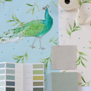 Peacock and Olive in Sky Blue fabric by Seed Home Designs in blue, full repeat of peacocks and olive sprigs