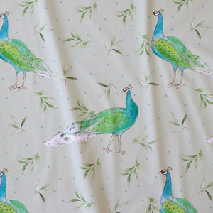 Peacock and Olive in Olive Green fabric by Seed Home Designs in olive green, draped, showing peacocks and olive sprigs