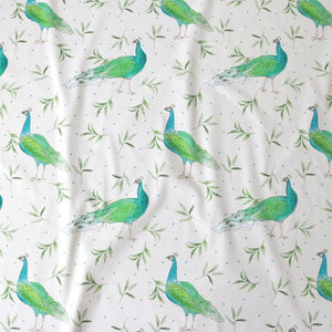 Peacock and Olive in Antique Cream fabric by Seed Home Designs in cream, full repeat of peacocks and olive sprigs