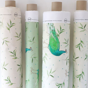 Peacock and Olive in Antique Cream fabric by Seed Home Designs in cream, roll showing peacocks and olive sprigs