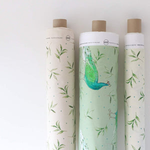Peacock and Olive in Olive Green fabric by Seed Home Designs in olive green, roll showing peacocks and olive sprigs