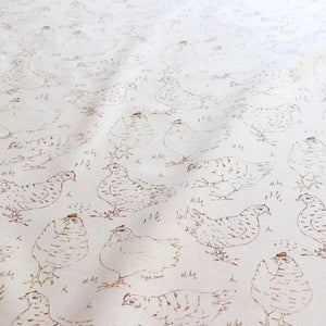 Natural Organic Hens linen by Seed Home Designs in beige, draped, showing line-drawn hens (alternate view)