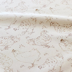 Natural Organic Hens linen by Seed Home Designs in beige, full repeat of line-drawn hens