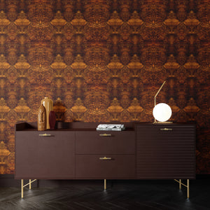 Beau Burr wallpaper by Liberty James Studio in brown and orange, a burr wood grain design above a sideboard