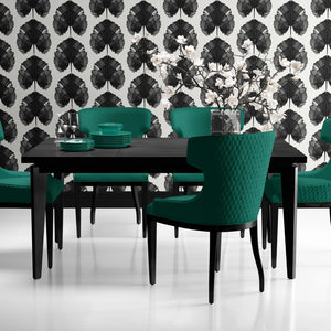 Empress Fan wallpaper by Liberty James Studio in black, art deco fan leaves in a dining area