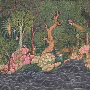 Mira wallpaper by Deus ex Gardenia in charcoal and pink, full repeat of blossoms and hidden big cats