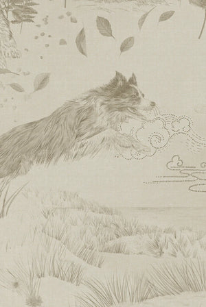 Dog Tales wallpaper by Victoria Sanders in cream, full repeat of a toile of dogs in the countryside (alternate view)