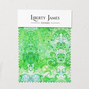 Psychedelic Pop Eco velvet by Liberty James Studio in green, sample swatch set showing a psychedelic mirrored design