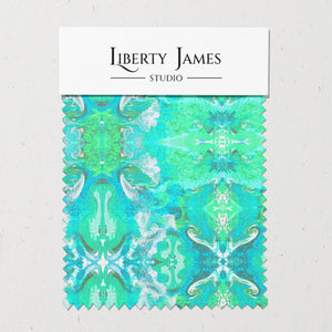 Naples velvet by Liberty James Studio in turquoise, swatch set showing an ornate kaleidoscope design
