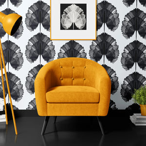 Empress Fan wallpaper by Liberty James Studio in black, art deco fan leaves in a living room