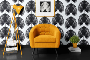 Empress Fan wallpaper by Liberty James Studio in black, art deco fan leaves in a living room