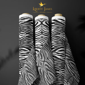 Zulu Zebra Eco velvet by Liberty James Studio in black and white, draped, showing zebra stripes