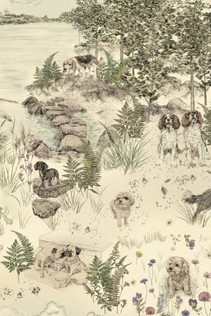 Dog Tales wallpaper by Victoria Sanders in green, pattern sample of a toile of dogs in the countryside (second view)
