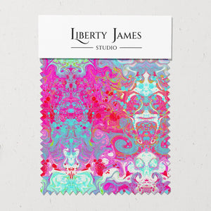 Psychedelic Pop Eco velvet by Liberty James Studio in pink, sample swatch cards showing a psychedelic mirrored design