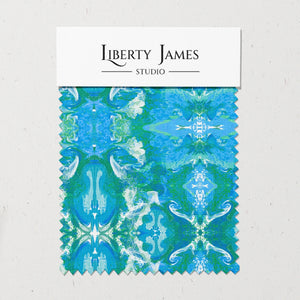 Naples velvet by Liberty James Studio in blue, sample swatch cards showing an ornate kaleidoscope design