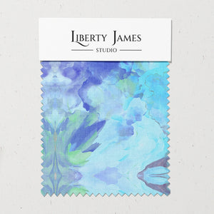 Amalfi Eco Velvet velvet by Liberty James Studio in blue and pink, sample swatch set showing a marbled kaleidoscope design