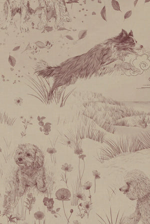Dog Tales wallpaper by Victoria Sanders in burgundy, close view of a toile of dogs in the countryside