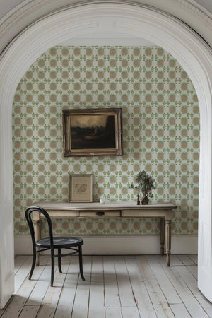 Flying Horse of the Silk Road wallpaper by Annika Reed in green and pink, flying horses in medallions in a dining area