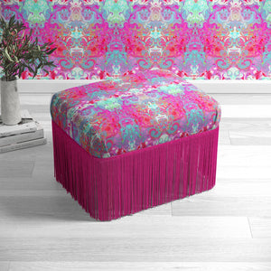 Psychedelic Pop Eco velvet by Liberty James Studio in pink, a psychedelic mirrored design covering a footstool