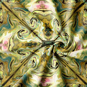 Versailles Eco velvet by Liberty James Studio in green and pink, in soft folds showing an ornate kaleidoscope design