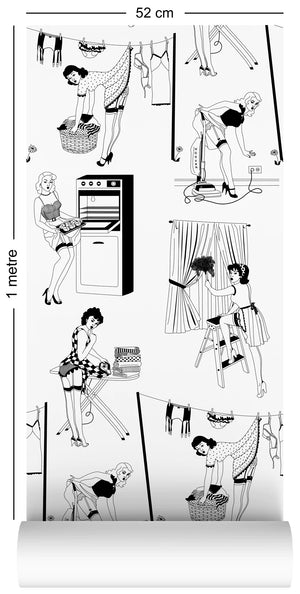 50’s Housewives wallpaper by Dupenny in black and white, full repeat of 1950s housewives